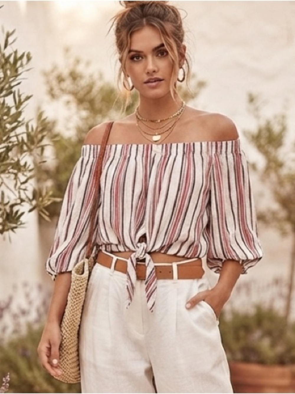 Ambiance Off-Shoulder Tie-Front Striped Top in Red and White